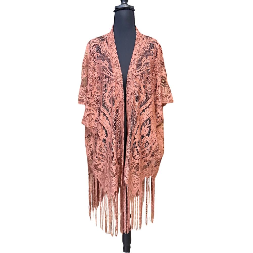 Emerette paisley lace fringe western boho kimono small terra cotta rust rose